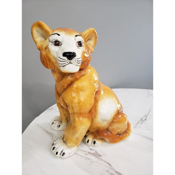 MCM Mid Century Vintage Hand Painted Ceramic Life Size Lion Cub Statue - Picture 1 of 9